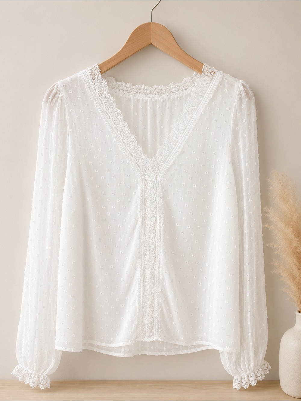 SHEIN White Lace-Trim V-Neck Swiss Dot Blouse